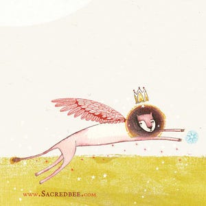 May include: Whimsical illustration featuring a winged lion wearing a crown, running across a yellow field dotted with stars. A celestial figure with an eye and stars is in the upper left. The website address www.sacredbee.com is at the bottom.