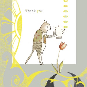 Carte postale Sacredbee, chat gris, thé Merci, édition limitée
