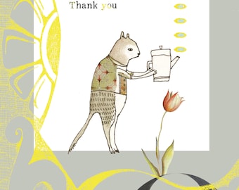Sacredbee Postcard Grey Cat Tea Thank you Limited Edition