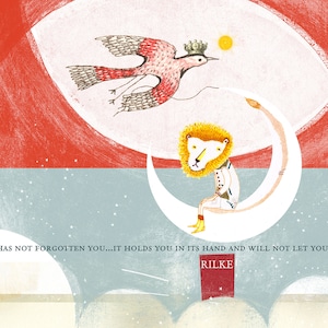 May include: An illustrated artwork depicting a lion-like character on a crescent moon, with a crowned bird flying above. The background is a mix of red, blue, and white, with the text "LIFE HAS NOT FORGOTTEN YOU...IT HOLDS YOU IN ITS HAND AND WILL NOT LET YOU FALL."