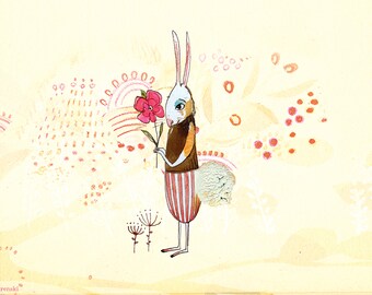 Sacredbee Postcard Rabbit with Pink Poppy