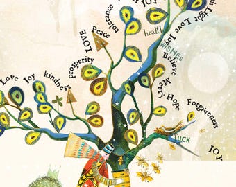 May include: A whimsical illustration featuring a stylized tree with yellow and blue leaf-shaped words like Love, Hope, Peace, and Joy. A lion with a crown stands beside a figure in a patterned robe. The text WISHING YOU THIS is printed below.
