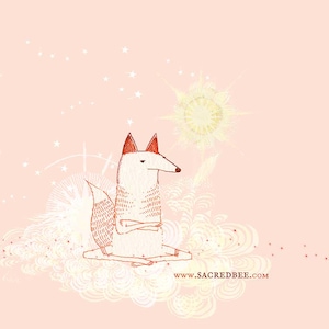 May include: Illustration of a white fox with red-tipped ears and a red nose, sitting in a meditative pose on a cloud-like formation. The background is a soft pink with stars and a sun-like design. Text on the image reads "www.sacredbee.com".