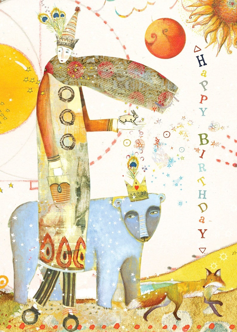 Sacredbee. sacred bee, Sacredbee birthday cards, best selling birthday cards, birthday card for child, Card with a blue bear, best cards in USA, beautiful cards, pamela zagarenski, Pamela Zagarenski, a fox, a tiger and a blue bear, caldecott winner