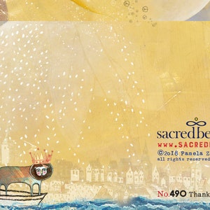 May include: A whimsical illustration of a lion wearing a crown, sailing on a boat in a snowy landscape. The image has a yellow background with white dots and a blue water scene. The text "sacredbee" and "www.sacredbee.com" are at the bottom of the image. The text "&copy;2018 Pamela Zagareski all rights reserved." is below the website address. The text "No. 490 Thanksgiving" is at the bottom right corner of the image.