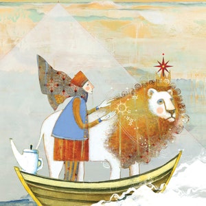 May include: An illustrated image with the text "I wish for you the courage and strength to get you through." A person in a blue coat and orange striped pants is petting a lion in a boat. The lion wears a crown.