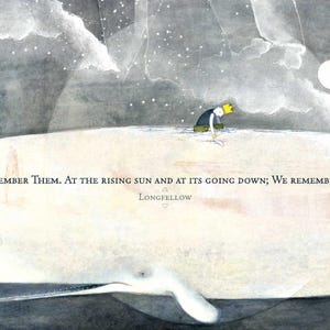 Puede incluir: Ilustración de una ballena blanca con una figura coronada sobre su lomo. El fondo representa un cielo nocturno con luna llena y estrellas. El texto dice: «We Remember Them...» de Longfellow.