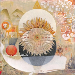 Pode incluir: Pintura abstrata com um girassol central e um design de labirinto, rodeado por um círculo branco e uma forma escura em forma de crescente. A obra inclui um leão, montanhas, uma esfera vermelha e o texto "pamela zagarenski 2026".