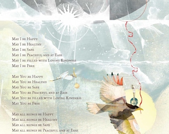 May include: An illustrated artwork with a soft color palette. The image features text that reads "May I Be Happy" and other similar phrases. A bird is depicted in flight, with a key-shaped charm hanging from a red string.