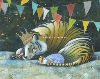 May include: A tiger wearing a crown sleeps with a small person wearing a crown and a blue dress. The tiger and person are surrounded by small, white, paper butterflies. The background is a dark blue with white stars and a string of colorful flags.