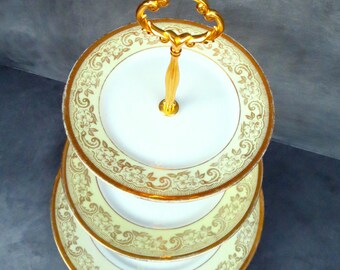 Gold Cupcake Stand, Shabby Cake Plate, 3-Tiered Plate Stand | Victorian Styled Vintage China Stand (Item# 00166b)
