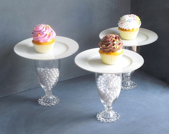 Wedding Centerpiece, Cupcake Stand |  Fine china plate with clear base filled with pearls | Set of 3