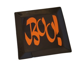 BOO! Decorative Halloween Plate Black Plate-Ceramic Square Plate with BOO cut in orange vinyl-A fun halloween decor 1 119