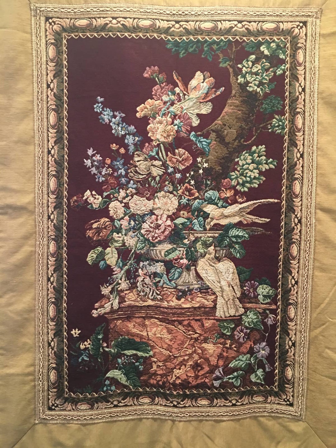Vintage Belgium Replica Tapestry Colorful Flowers With White Doves Wall