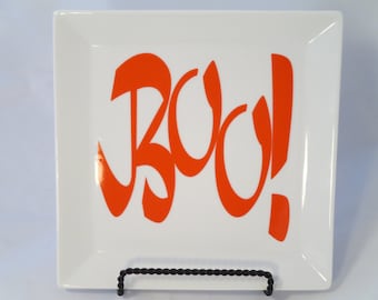 Halloween Plate, White BOO Plate, Ceramic Square Plate, Boo Orange Vinyl Decal, Halloween 132