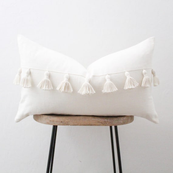 Ivory Lumbar Throw Pillow Cover With Tassels Pillow Cover Etsy