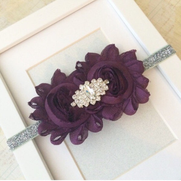 Diadema de brillo de ciruela / berenjena, diadema de bebé, diadema de niñas, diadema de brillo plateado, diadema infantil, diadema de vacaciones, diadema de niña de flores