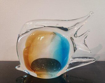 Vintage Hand-Blown Glass Fish Sculpture – Murano Style Mid-Century Art Glass – Amber & Cobalt Swirl – 4 lbs