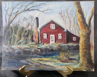 Vintage Cabin Painting on Canvas Board – Rustic Red House Winter Scene, Unsigned, 12x9”