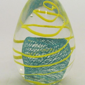 Whimsical Teal Mesh & Yellow Swirl Glass Paperweight – Studio Art Glass, 3.25&quot; Tall
