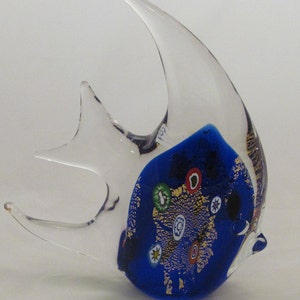 Vintage Murano Style Art Glass Fish Figurine Paperweight – Blue with Millefiori, 6&quot;