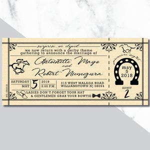 May include: A vintage-style ticket announcing the marriage of Antoinette Mayo and Robert Wemezura. The ticket features a black and white illustration of a horse and rider, a horseshoe, and the text "premiere night". The event is scheduled for Saturday, May 5, 2018, at 3:00 PM. The location is 315 West Malaga Road, Williamstown NJ 08094. The ticket also includes the text "Ladies don't forget your hat & gentlemen grab your bowtie."