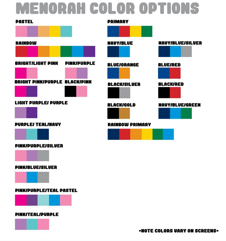 Puede incluir: Un gr&aacute;fico que muestra las opciones de color para una menor&aacute;. El gr&aacute;fico est&aacute; dividido en dos secciones: "Pastel" y "Primario". Cada secci&oacute;n muestra una variedad de combinaciones de colores, incluyendo arco&iacute;ris, rosa, morado, azul, verde azulado, azul marino, negro, plata, oro y verde.