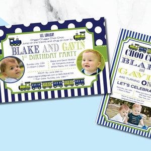 May include: Two blue and green train-themed first birthday party invitations with photos of the birthday boys. The first invitation has a blue polka dot background and a train with yellow and green cars. The second invitation has a blue and white striped background and a train with yellow and green cars. Both invitations have the text "Choo Choo! Blake and Gavin are turning one! Let's Celebrate!"