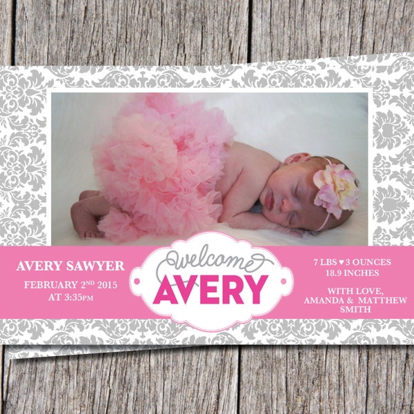 Damask Baby Girl Birth Announcements