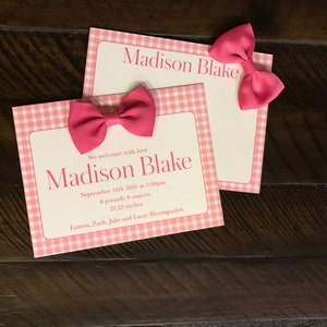 Baby Girl Bow Birth Announcements/ Gingham bow Announcement/ Birth announcement with no photo/ Birth announcement