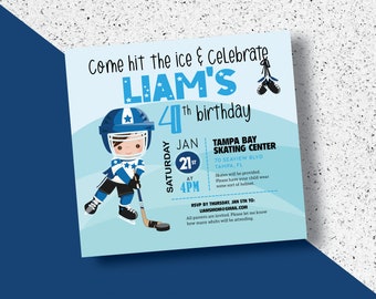 May include: A blue and white birthday invitation for a 4th birthday party. The invitation features a cartoon illustration of a boy wearing a hockey uniform and holding a hockey stick. The text on the invitation reads "Come hit the ice & Celebrate Liam's 4th birthday" and includes the date, time, and location of the party.