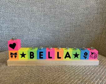 Neon Children Menorah, Children's Personalized Wood Block Menorah, Girl Personalized Menorah, Kids Menorah, Baby Birth Gift