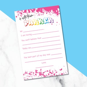 May include: A pink and white note card with a rainbow-colored graffiti-style word "PARKER" at the top. The card has lines for writing a note and says "a note from" above the name.