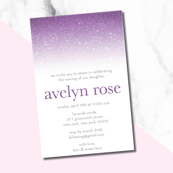 Beautiful Baby Naming Invitations, girl baby naming, glitter baby naming invitation