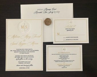 Foil + Letterpress Wedding Invitations, Reply cards, accommodation cards, blind letterpress
