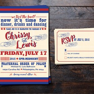 May include: Wedding invitation and RSVP card set. The invitation features red, white, and blue text with the names "Chrissy and Lewis" and event details. The RSVP card has a fill-in-the-blank section and check boxes.