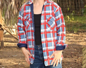 Vintage 80-90s Blue and Red Plaid Chore Coat- Windbreaker Brand SZ L