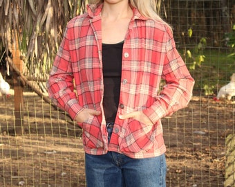 Vintage 70&#39;s 80&#39;s Pink Plaid Chore Coat -Made in USA- CaliforniaWear