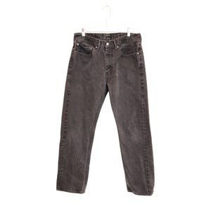 May include: A pair of charcoal grey denim jeans featuring a classic five-pocket design, a button fly closure, and a straight-leg cut. The jeans are suspended from a white hanger, showcasing a faded wash with visible stitching along the seams.