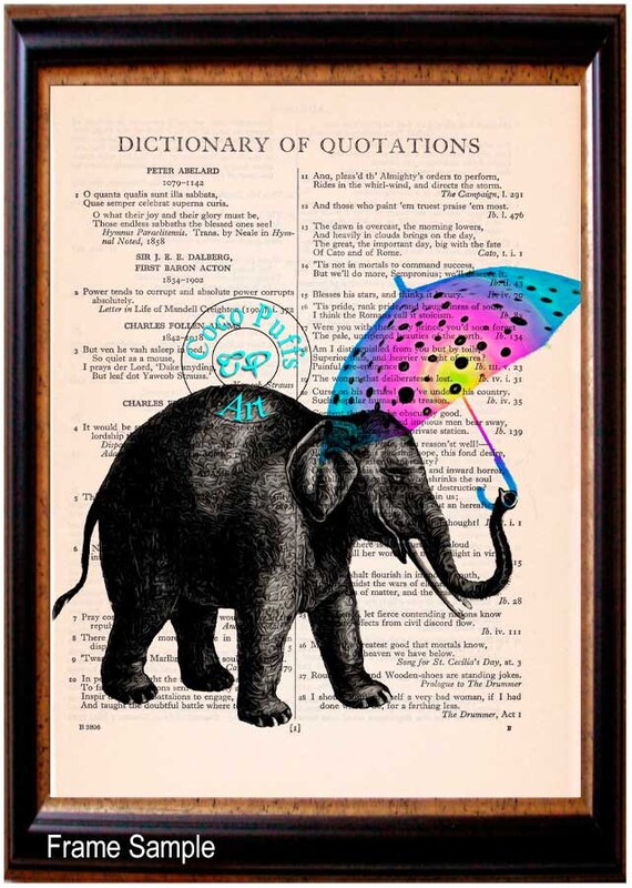 Baby Elephant Holding a Blue Rainbow Umbrella Dictionary Page Etsy