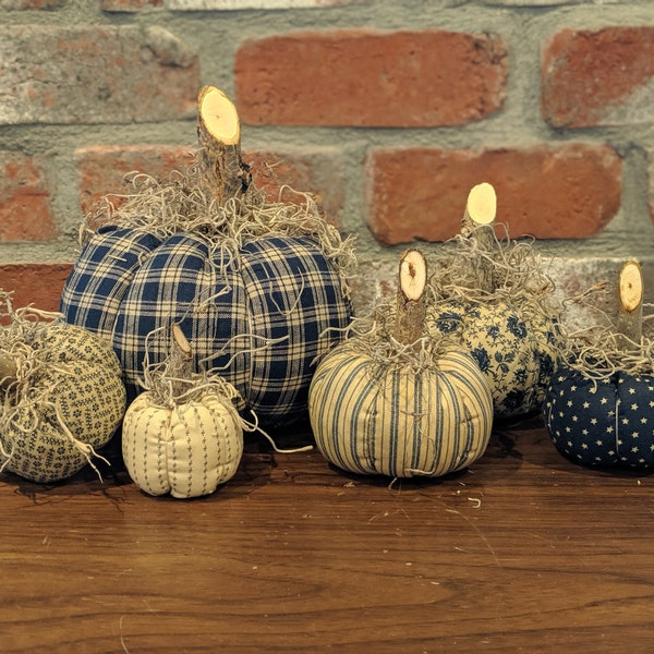Blue and Tan Vintage 6 Fabric Pumpkins