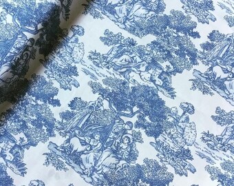 Blue white classic french toile ink outline people trees quality 100% cotton fabric Rose Hubble dressmaking quilting crafts x HALF METRE