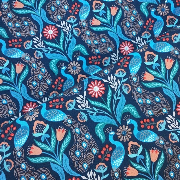Jewel tones peacock birds dark blue floral metallic copper threads quality 100% cotton quilt fabric dressmaking crafts by Lewis & Irene