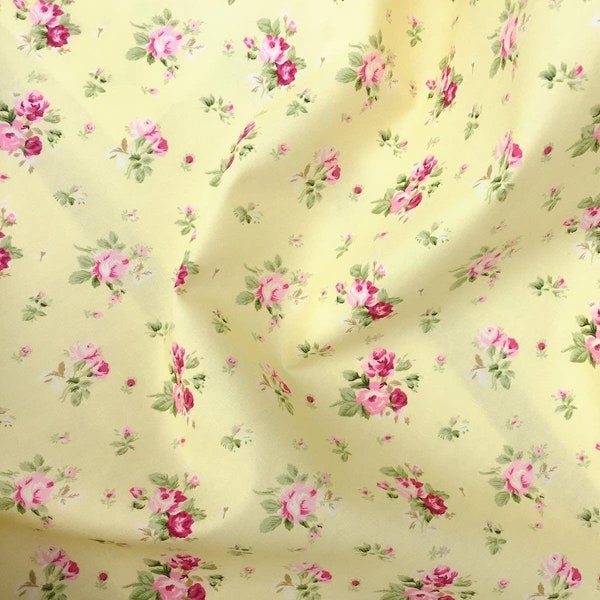 Vintage Stil zitronengelb rosa Rose Rosen Blumen Blumen Qualität 100% Baumwolle Stoff Rose und Hubble Schneiderei Patchwork Handwerk HALBE METER