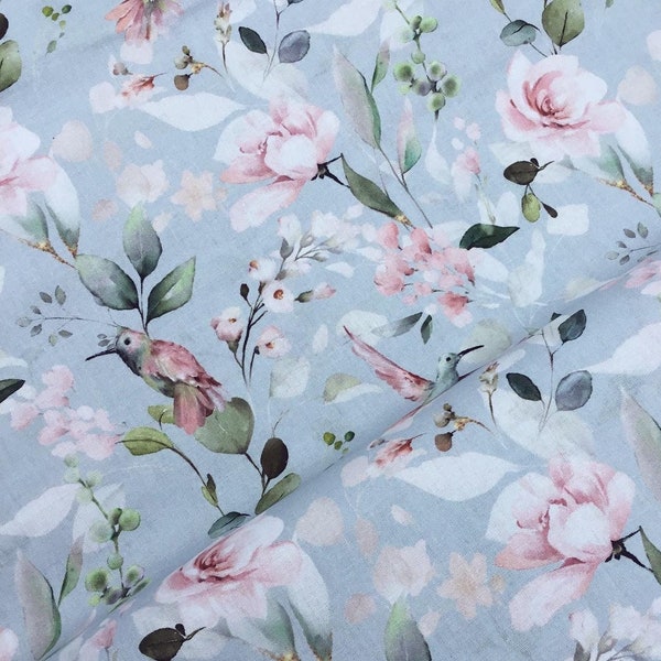 Pretty blue birds and roses floral flowers quality 100% cotton fabric material 55ins/140cm wide dressmaking quilting crafts HALF METRE