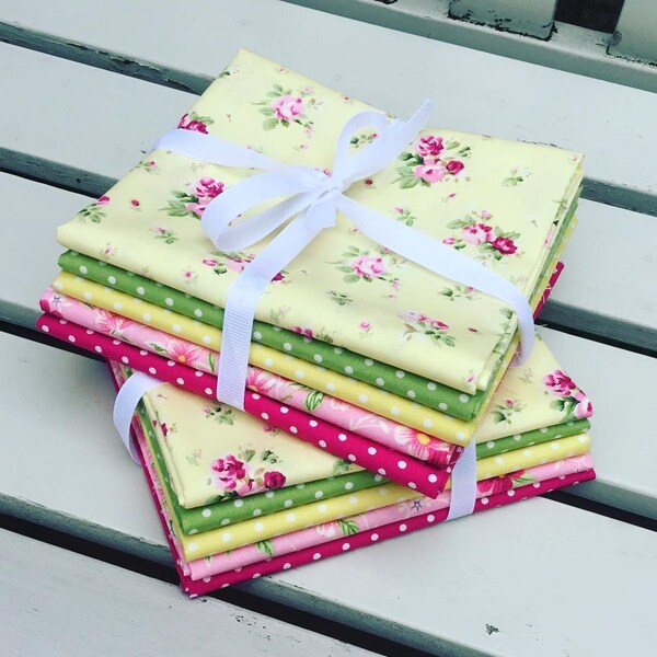 5 x piece vintage floral spot pink lemon Fat Quarter FQ bundle pack 55 x 50cm crafts bunting quilting 100% cotton basics blenders