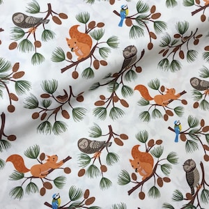 Cream squirrel owls acorns leaves animals forest quality 100% cotton quilt fabric dressmaking patchwork crafts Lewis & Irene x HALF METRE FQ