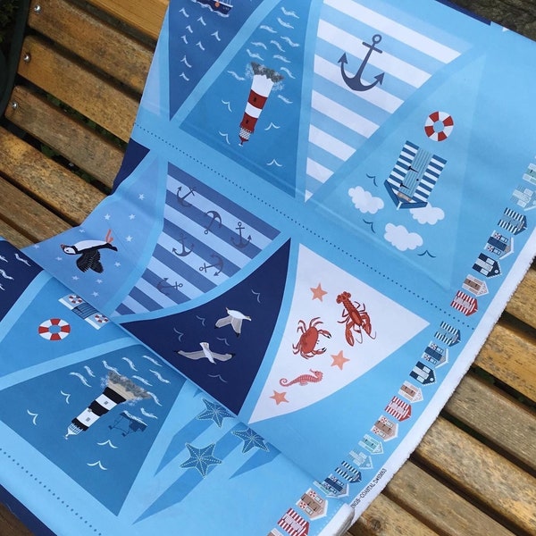 Bunting pennant flag panels ready to sew seaside nursery beach hut seaside birds themed blue home decor 100% cotton fabric - per 16 flags