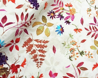 Cream autumn leaves vines red green floral flowers forest quality 100% cotton quilt fabric dressmaking patchwork crafts x HALF METRE