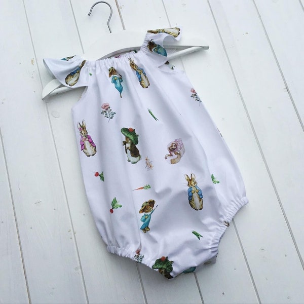 Peter Rabbit and friends Baby Toddler Little Girl romper playsuit cotton white short sleeve 0-3 / 3-6 / 6-12 / 12 months - age 2 3 years